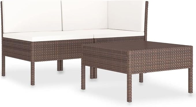 vidaXL Patio Furniture Set 3 Piece, Patio Conversation Set with Cushions, Outdoor Sectional Sofa with Coffee Table for Garden, Poly Rattan Brown