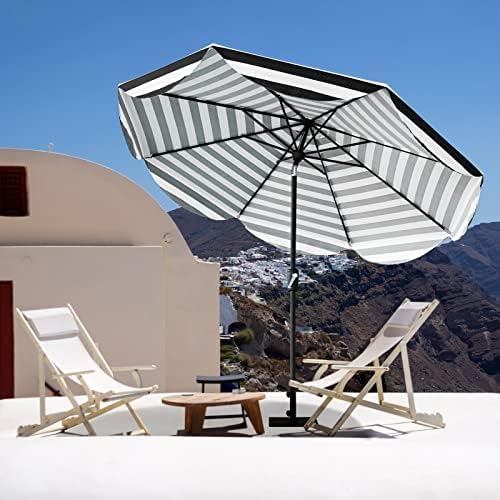 Tempera 9ft Auto Tilt Scalloped Patio Umbrellas Outdoor Table Umbrellas with Fade Resistant Canopy, 8 Sturdy Rids, Vintage Umbrellas for Lawn, Pool, Deck, Balcony