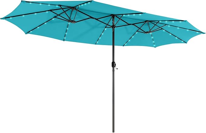 Giantex 15 FT Double Patio Umbrellas with 48 Solar LED Lights, Auto-Charging Panel, Crank System, Outdoor Extra-Large Rectangle Market Table Umbrella for Garden Deck Backyard Beach Pool