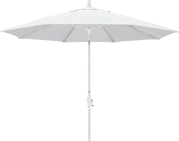 California Umbrella 11Ft Fiberglass Rib Patio Umbrella, Hand-Crank, Tilt-Collar, White Frame, Solution Dyed White Fabric