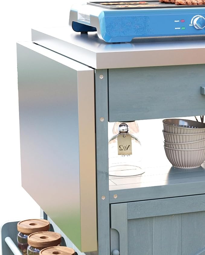 Outdoor Grill Cart with Stainless Steel Top, Solid Wood Outdoor Storage Cabinet with Drop Leaf, One Drawer, Towel Rack, Rolling Kitchen Cart with Lockable Wheels for Lawn Garden (Blue+Grey@072)