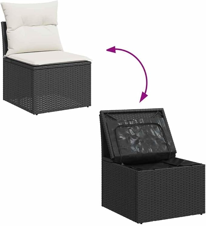 vidaXL 7 Piece Garden Sofa Set Black Poly Rattan with Storage Cushions Acacia Wood Perfect for Outdoor Spaces and Relaxation Patio Lounge Wicker Modular Furniture Conversation