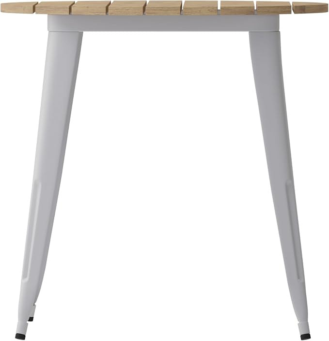 EMMA + OLIVER Drew Dining Table - Brown 30" Round Poly Resin Table Top - Silver Steel Base - All-Weather for Indoor/Outdoor Use