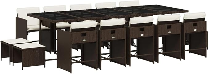 15 Piece Outdoor Patio Dining Set, Large 14-Seater PE Rattan Garden Furniture with Cushions, Foldable Chairs for Backyard Lawn Poolside, Brown
