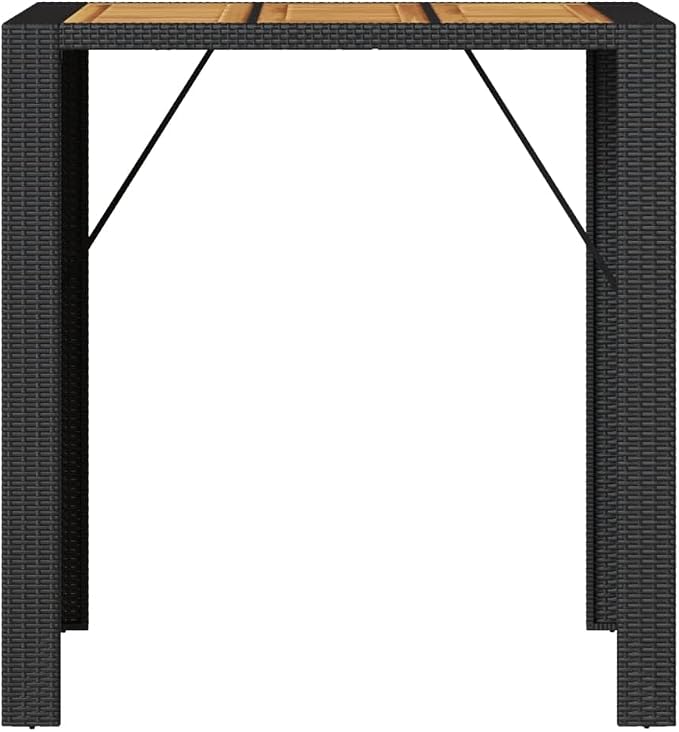 Outdoor Bar Table Black Poly Rattan with Acacia Wood Top, Large Rectangular Patio Furniture for Garden Balcony Terrace, 31.5x41.3x43.3 Inch Steel Frame