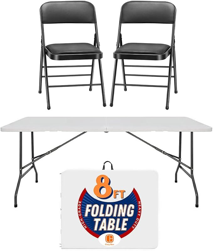 Combo 8FT Folding Table with 2-Pack Folding Chairs Indoor Outdoor Heavy Duty Portable Folding Plastic Dining Table w/Handle, Lock for Picnic, Party, Camping - White (8ft)