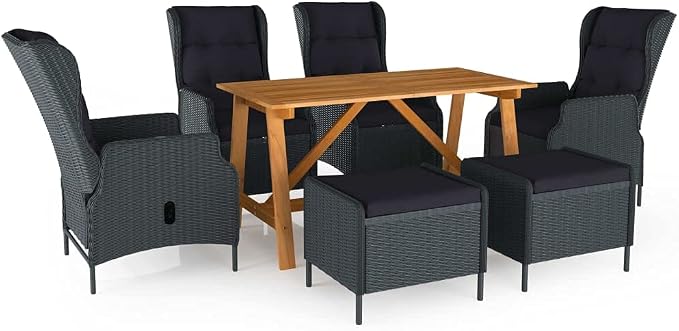 7-Piece Outdoor Dining Set Dark Grey Acacia Wood & PE Rattan Patio Furniture Set Rectangular Table Reclining Chairs for Garden Backyard Balcony