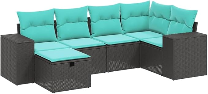 6 Piece Patio Sofa Set with Cushions, Sectional Sofa Porch Furniture Set Patio Conversation Set Front Porch Furniture for Exhibition Negotiation Area Poolside Piazza Black Poly Rattan
