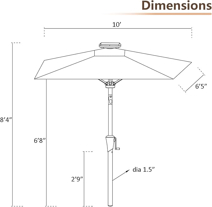 C-Hopetree Rectangular Outdoor Patio Market Umbrella with Solar LED Lights 6.5 x 10 ft
