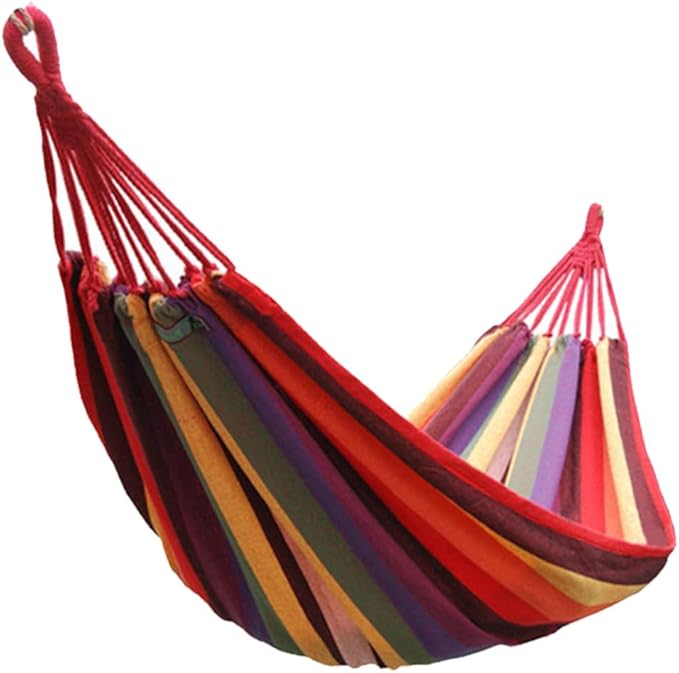 Yardwe Portable Canvas Camping Hammock Outdoor Striped Hanging Chair 190x85cm Rainbow Color for Patio Backyard Garden Swing Use