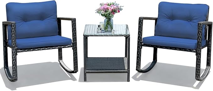 Tangkula 3 Pieces Patio Wicker Rocking Bistro Set, Outdoor Rocking Chair Furniture with Cushioned Seat, Conversation Set with Glass Coffee Table and Storage Shelf (Navy Blue)