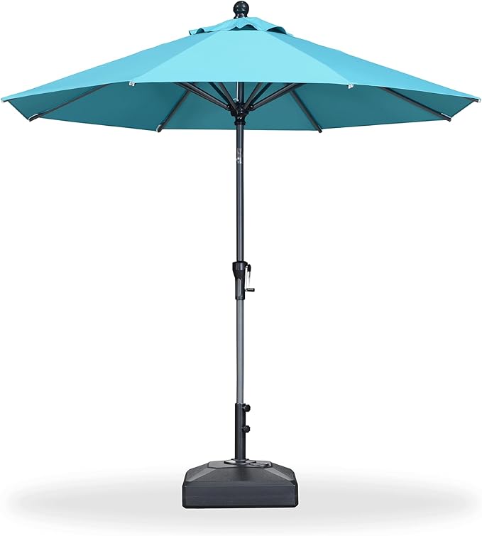 PURPLE LEAF 8' Round Patio Market Umbrella with Base Outdoor Table Umbrellas Aluminum Frame Sun Shade with 8 Sturdy Ribs Tilt for Garden Deck Lawn Pool Turquoise Blue