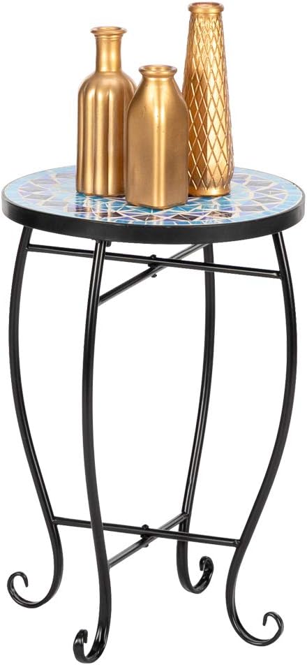 Mosaic Patio Table,Outdoor Side Table,14inch Accent Table Plant Stand Decor, Small Vintage Outdoor End Table with Stained Glass Mosaic & Iron Frame for Patio Garden Balcony Poolside (Blue)