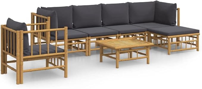 7 Piece Patio Lounge Set with Dark Gray Cushions, Patio Conversation Set Outdoor Dining Sets Front Porch Furniture Porch Furniture Set for Piazza Exhibition Poolside Garden Bamboo