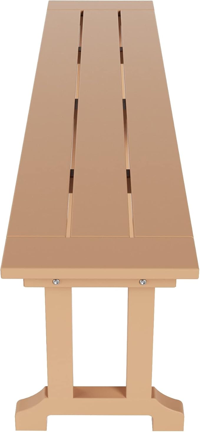 WestinTrends Malibu 6 Piece Adirondack Patio Dining Set with Bench, All Weather Poly Lumber Outdoor Table and Chairs, 71" Trestle Dining Table, 4 Adirondack Chair with Dining Bench, Teak