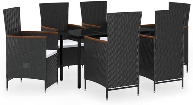 Afuera Living 7-Piece Contemporary Patio Dining Set, Black PE Rattan, Rectangular Tempered Glass Table, Powder-Coated Steel Frame, Adjustable Cushioned Chairs, Outdoor Garden Furniture for 6 People