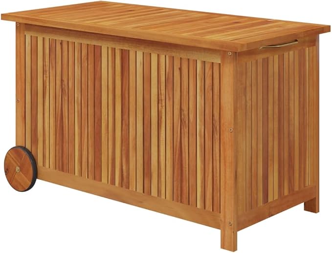 Wooden Patio Storage Box Outdoor Storage Container with Wheels for Patio Furniture Cushions, Acacia Wood Deck Box, Backyard Storage Box, 35.4"x19.7"x22.8" Solid Wood Acacia,-874