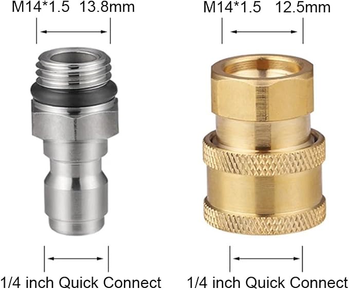 2 Pack Pressure Washer Adapter Set Quick Connect Kit 14mm M14x1.5 to 1/4 Inch Connector Fittings Plug Gun to Hose for Patio Lawn Car Pressure Water Gun Washing Foam Bottle Spray Nozzle