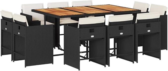 11 Piece Patio Dining Set with Cushions Black Poly Rattan Outdoor Furniture Table and 10 Foldable Chairs for Garden Backyard Deck Dining with Cream White Washable Cushion Covers 242. 5 lb Capacity
