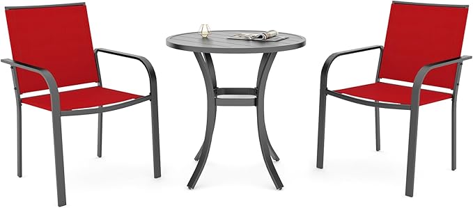 Anmutig 3 Piece 27.5" Outdoor Round Table and Chairs Small Patio Set for 2 Person, Cherry Red Chairs can Stackable