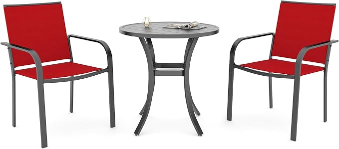3 Piece 27.5" Outdoor Round Table and Cherry Red Stackable Chairs Small Set | Stackable Chairs, Metal Round Table, Slat Table Top, 2 Person Use, All Weather, Textilene fabric Seat and Back