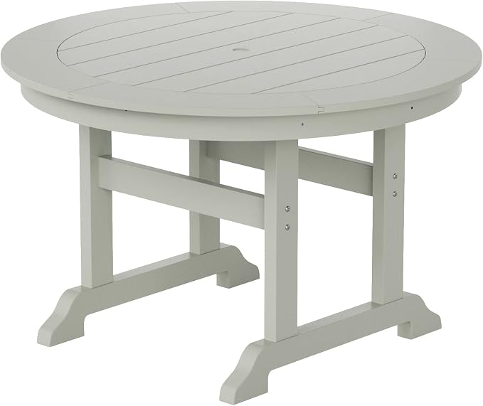 WestinTrends Malibu Patio Dining Table, All Weather Poly Lumber Adirondack 47" Trestle Round Outdoor Table with Umbrella Hole, Sand
