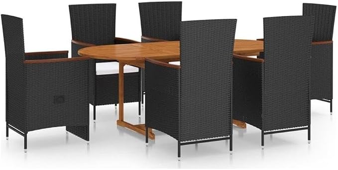 Afuera Living 7-Piece Solid Acacia Wood Patio Dining Set, Black Finish, Weather-Resistant, Adjustable Armrests, Woven PE Rattan Detail, Rustic Outdoor Furniture for Garden or Deck