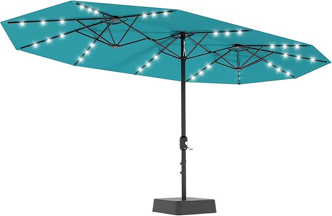 GarveeLife 15 ft Large Patio Umbrella with Lights, 36 LED Lights Double-sided Patio Umbrella with Weighted Base for Poolside Garden Backyard