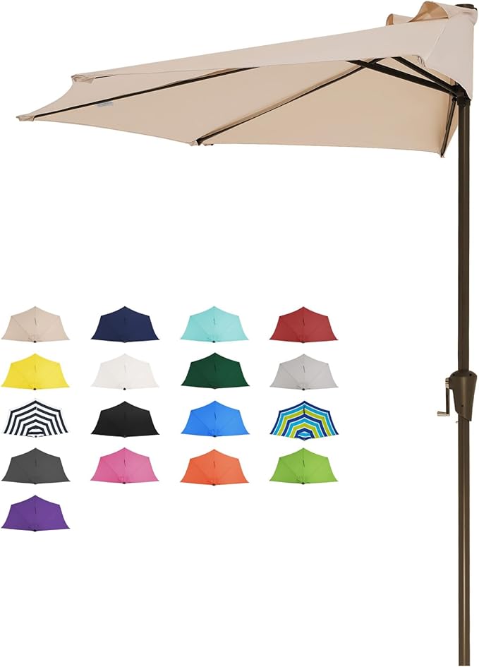 JEAREY 9ft Half Umbrella Outdoor Patio Umbrella Market Umbrellas with Crank, 1/2 Round Wall Umbrella 5 Sturdy Ribs UV Protection for Pool Garden Balcony Deck, Beige