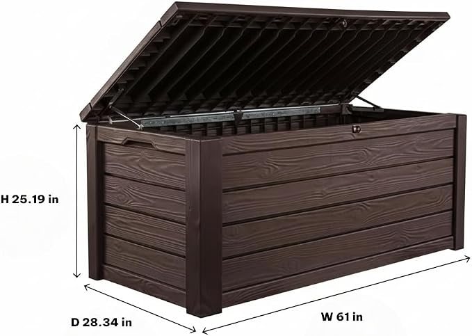 Outdoor Deck Box Storage, 150 Gallon, Brown Wood Grain, Polypropylene Resin, 61x28.34x25.19 Inches, Bench Seating 660 lbs Capacity