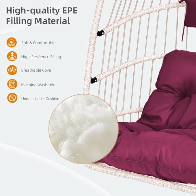 Outdoor Egg Hanging Chair with Stand, Patio Wicker Swing Egg Chair Indoor Swinging Chair Outdoor Hammock Egg Chair. Rose red