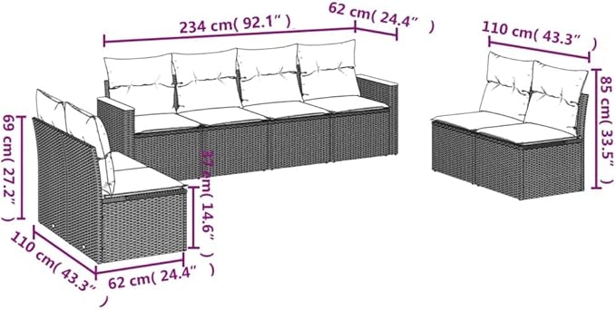 8 Piece Patio Sofa Set with Cushions, Outdoor Sofa Sets Outdoor Dining Sets Porch Furniture Set Patio Conversation Set for Exhibition Poolside Garden Negotiation Area Black Poly Rattan