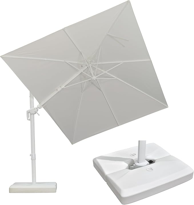 PURPLE LEAF 8' X 11.5' Right-left Tilt White Cantilever Umbrella with Base Patio Outdoor Swivel Umbrellas with Aluminum Tilt Offset Umbrella with 360° Rotation for Deck Pool, White