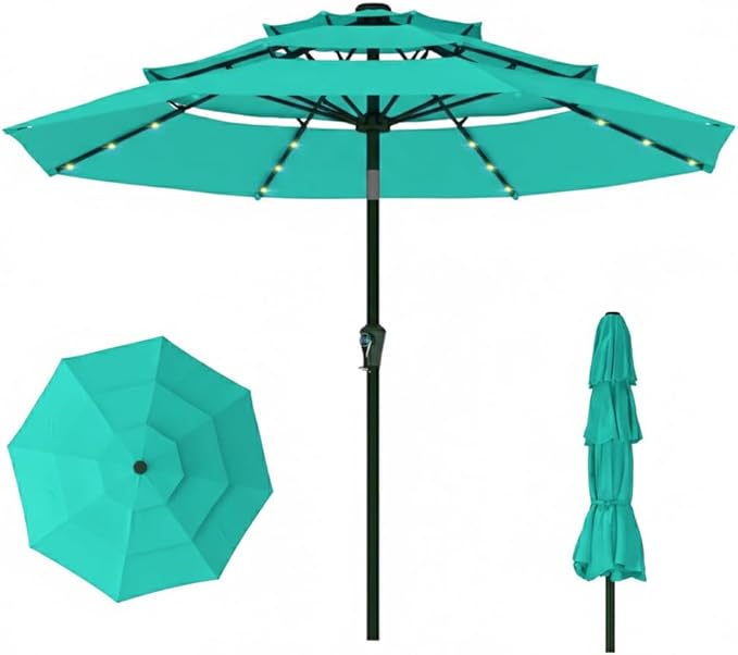10FT Patio Umbrella 3 Tiers with LED Light Outdoor Market Umbrella w/Push Button Tilt, Crank, UV and Waterproof Table Umbrella for Garden, Pool, Backyard, Deck, Lawn, Turquoise Blue