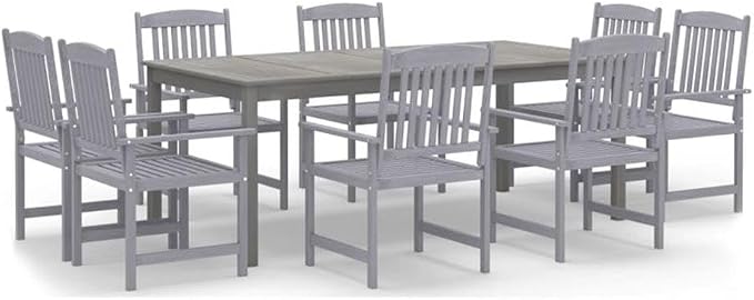 Afuera Living 9-Piece Solid Acacia Wood Patio Dining Set, Gray Oiled Finish, Rectangular Table with 8 Chairs, Weather Resistant, Umbrella Hole, Outdoor Garden Furniture for Terrace or Balcony Dining