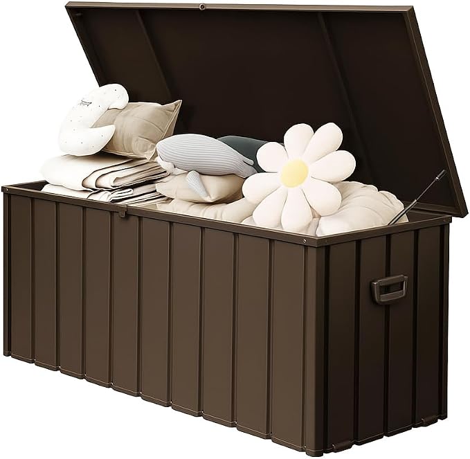190 Gallon Waterproof Galvanized Steel Deck Box-Lockable Outdoor Storage Box & Outdoor Waterproof Storage Cabinet for Patio,Pool,Backyard.Storage Deck Box with Furniture Compatibility (Dark Brown)