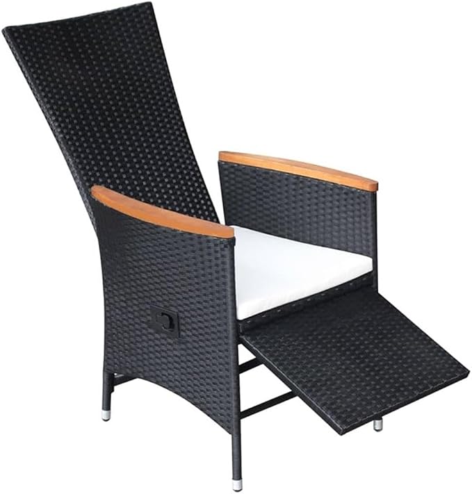 Afuera Living 7-Piece Solid Acacia Wood Patio Dining Set, Black Finish, Weather-Resistant, Adjustable Armrests, Woven PE Rattan Detail, Rustic Outdoor Furniture for Garden or Deck