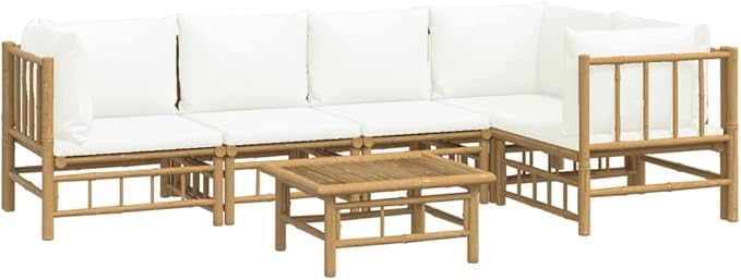 6 Piece Patio Lounge Set with Cream White Cushions, Porch Furniture Set Outdoor Dining Sets Sectional Sofa Patio Conversation Set for Piazza Poolside Garden Exhibition Bamboo