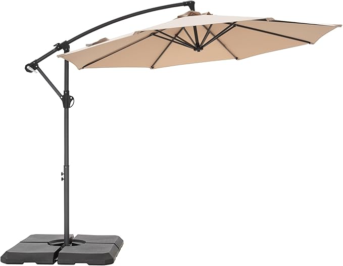 PHI VILLA 10ft Offset Patio Umbrellas with Base Included, Outdoor Market Hanging Umbrella with 8 Ribs for Deck Pool Porch Backyard, Beige