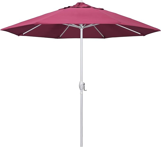 California Umbrella 12-Year Protection 9' Rd Aluminum Patio Umbrella, Crank Lift, Auto Tilt, White Finish, Sunbrella Hot Pink