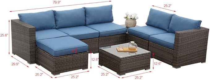 Wisteria Lane 7 Pieces Patio Furniture Sets, Outdoor Sectional Sofa with Tempered Glass Coffee Table, PE Rattan Wicker Patio Conversation Set with Ottoman and Cushions, Blue