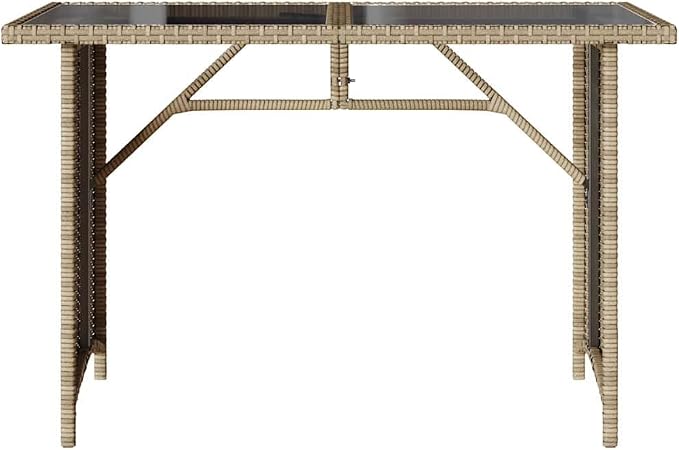 Beige Garden Table Rectangular with PE Rattan, Powder-Coated Steel Frame, and Tempered Glass Top for Outdoor Dining