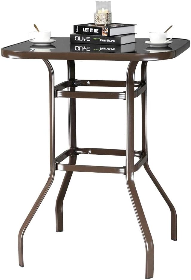 Kopokd Outdoor Bar Table Brown - Furniture Set for Garden Bistro - Bar Height Wrought Iron Table with Glass Top