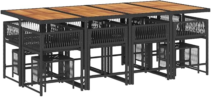 12-Seater Garden Dining Set Black PE Rattan Patio Furniture Set with Acacia Wood Tabletop Large Rectangular Outdoor Dining Table and Chairs for Backyard and Terrace