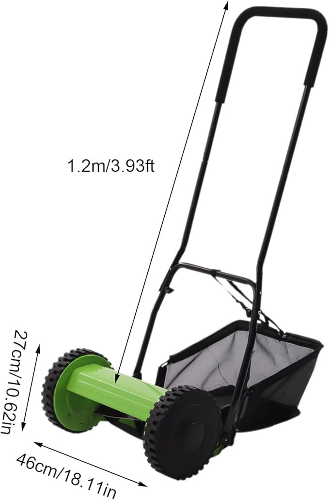 5-Blade Wheeled Manual Lawn Mower, 12 Inch Manual Push Reel Lawn Mower Push Lawn Sweeper, 0.67-1.3 in Adjustable Cutting Height Walk-Behind Lawn Mowers with 6-Gallon Collection Bag for Yard, Garden