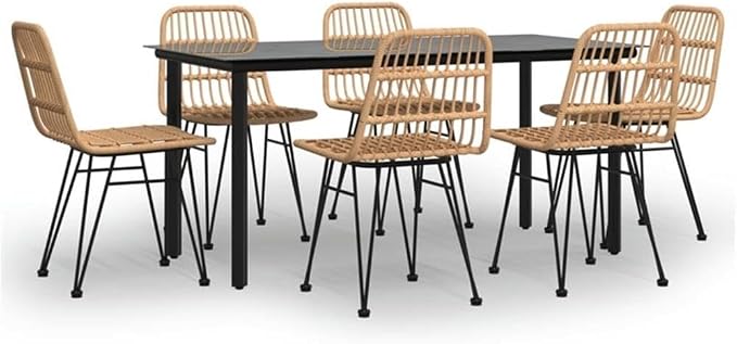 Afuera Living Contemporary 7 Piece Patio Dining Set, Black Powder-Coated Steel Frame, Rectangular Tempered Glass Table with 6 Poly Rattan Chairs, Weather Resistant Outdoor Furniture for Garden,