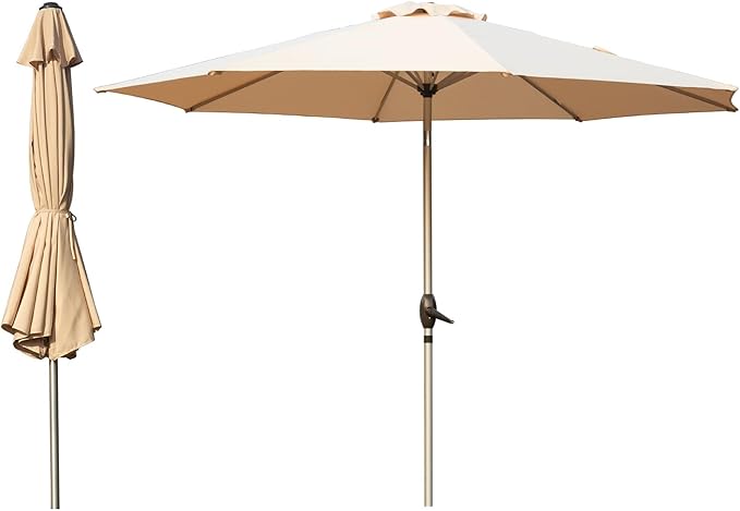 Domi 9FT Patio Umbrella Outdoor Market Umbrella with Silver Aluminum Pole, UV Resistant Canopy, Wind Vent, Tilt & Crank System, Perfect for Patio, Garden, Deck, Pool, Outdoor Dining, Beige