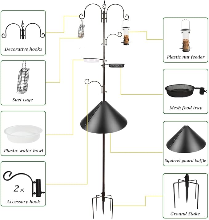 Bird Feeder Pole with Squirrel Baffle - Deluxe Feeder Station Kit Includes Suet Cage, Wild Bird Feeders & Planter Hanger for Garden, Yard