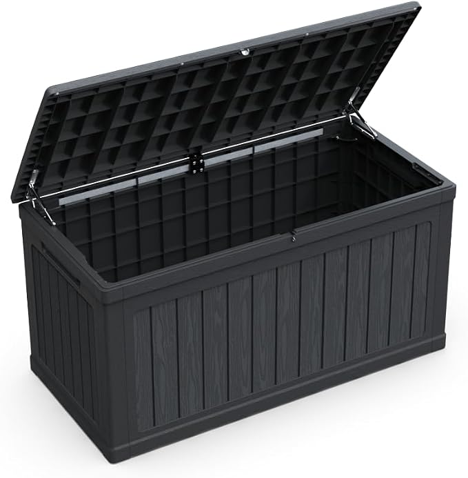 Large Outdoor Storage Deck Box for Patio Furniture, Cushions, Garden Tools and Sports Equipment – Weather-Resistant Resin with Secure Lid (Black + Plastic)