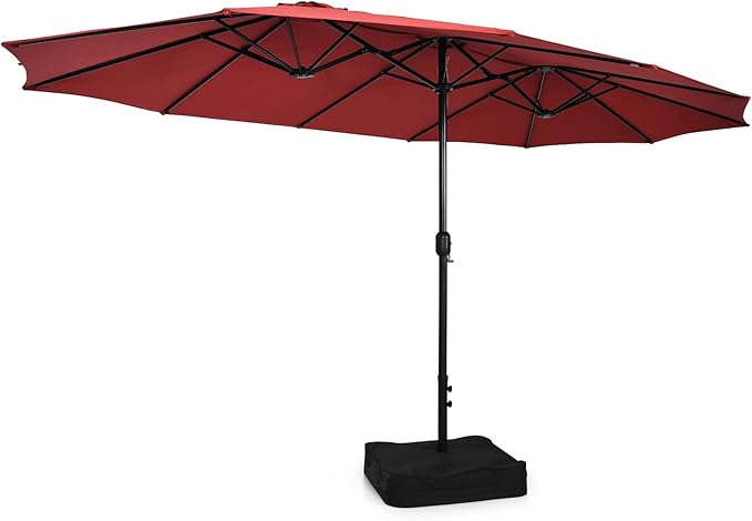 Tangkula 15FT Double-Sided Patio Umbrella with Base, Extra-Large Market Umbrella W/Crank System, Outdoor Twin Umbrella W/ 12-Rib Metal Structure & Air Vents for Garden, Backyard, Poolside (Burgundy)